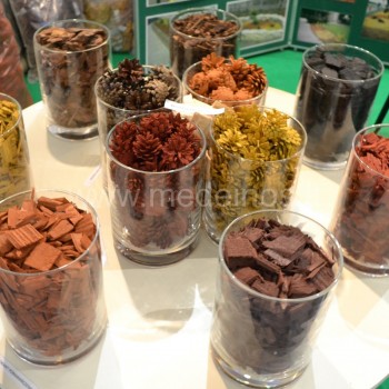 Spalvotas dažytų kankorėžių ir medienos gabalėlių mulčias